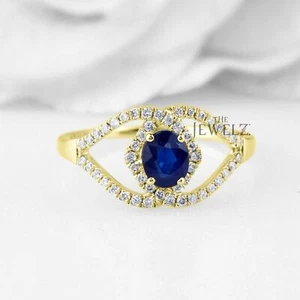 Anello aureola oro 14 carati VS/F-G diamante e zaffiro blu design malocchio - Foto 1 di 6