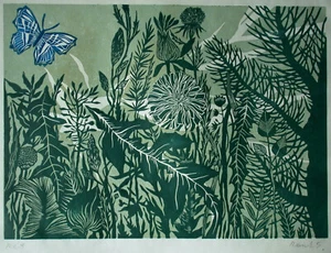 Wiese mit Schmetterling - Farbholzschnitt Rei?? G. - Ungarn um 1950. - Bild 1 von 11