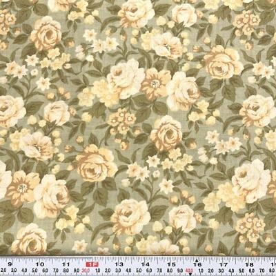 Vintage Faye Burgos for Marcus Bros Floral Green Cotton Fabric Remnant 17" x 45" - Image 1 of 2