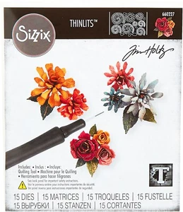 Sizzix Thinlits Tiny Tattered Florals 15pc with tool #660227 Retail $28.99 Holtz - Picture 1 of 13