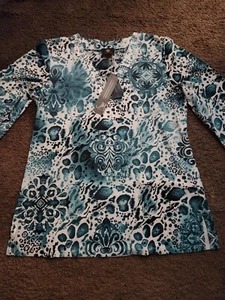 Brand New JM Collection Teal Vneck beaded womens floral blouse - Picture 1 of 24