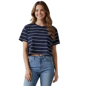 Camiseta ALDI Gear para mujer talla mediana azul marino manga corta a rayas marina costa playa - Imagen 1 de 9