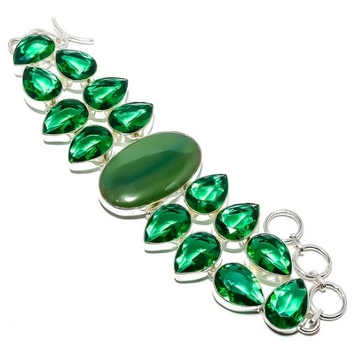 Pulsera étnica de plata de ley 925 de ónix verde natural 7,99" T87 Foto 1 de 4