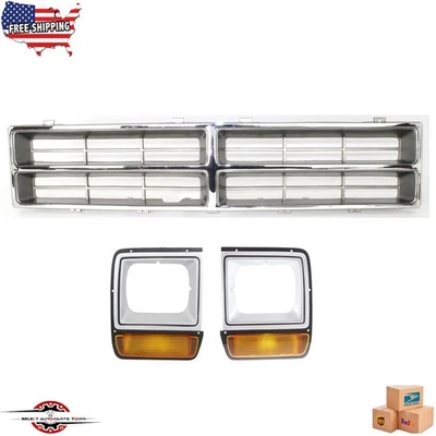 Fits 1986-1990 Dodge Ramchar D150 D250 Front Chrome Grille Headlight Bezels 3PC - Image 1 of 4
