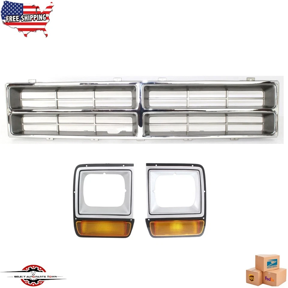 Fits 1986-1990 Dodge Ramchar D150 D250 Front Chrome Grille Headlight Bezels 3PC - Image 1 of 4