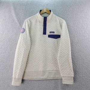 Patagonia Organic Cotton Quilted Snap Pullover Sweatshirt Cream Blue Size M - Picture 1 of 8