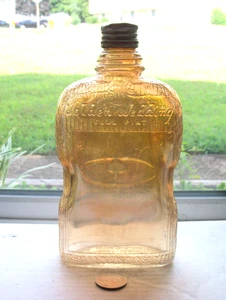 STUNNING CARNIVAL GLASS FULL PINT GOLDEN WEDDING FLASK - Picture 1 of 2