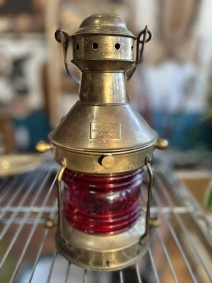 Vintage B. Pedersen Brass Nautical Lantern Oslo Norway Original Red Glass Rare - Image 1 of 4