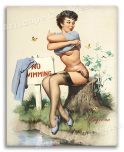 "Taking a Chance" 1962 Vintage Style Elvgren Pin-Up No Swimming Poster - 16x20 - Picture 1 of 3