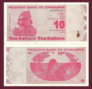 Zimbabwe P94, $10, Chiremba balancing rock / Zimbabwe ruins OVI security $2 CV - Imagen 1 de 1