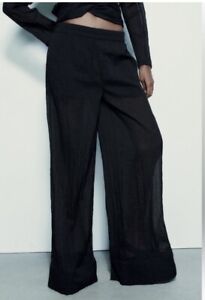 Zara Black Semi-sheer Minimalist Wide Leg Palazzo Pants Elastic waist Size S NWT