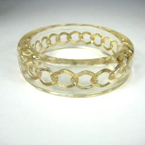 Vintage Clear Lucite Bangle Bracelet Goldtone Curb Chain Inset Wide Statement - Picture 1 of 10