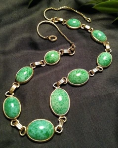 Vintage 1/20 12K Gold Filled PEKING GLASS Czech Green Mottled 14" Necklace! - Picture 1 of 11