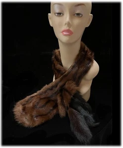 Vintage c1950s Soft Brown and Black Striped Mink Fur Stole or Scarf w 3 Tails - Picture 1 of 7