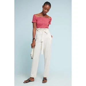 ¡¡NUEVO CON ETIQUETAS!! ANTHROPOLOGIE Bolsa de Papel Cintura Pin Rayas Pantalones Lino Costero Talla 16 - Imagen 1 de 12