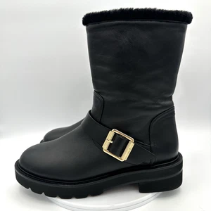 Stuart Weitzman Ryder Lift Chill Boot Size 6.5 Black Shearling Leather Moto Cozy - Picture 1 of 9