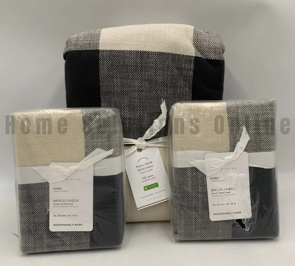 Pottery Barn Bryce Buffalo Check Full/queen Duvet & 2 Stand Shams Chrl/ivory
