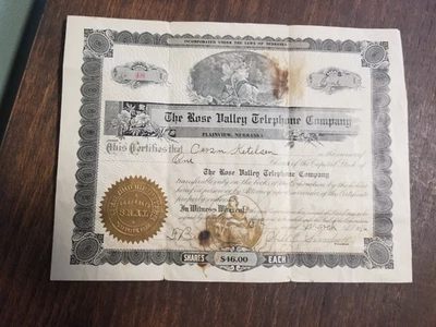 Antiguo certificado de stock Rose Valley Phone Company fechado 1916 vista plana Nebr Foto 1 de 4