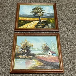 Pair Of Vintage Landscape Oil Paintings Cabin in The Woods-Tree On Dirt Road - Picture 1 of 10