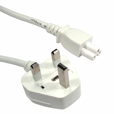 1.8m Power Cord UK Plug to C5 Clover Leaf CloverLeaf Lead Cable White [007656] - Image 1 of 4