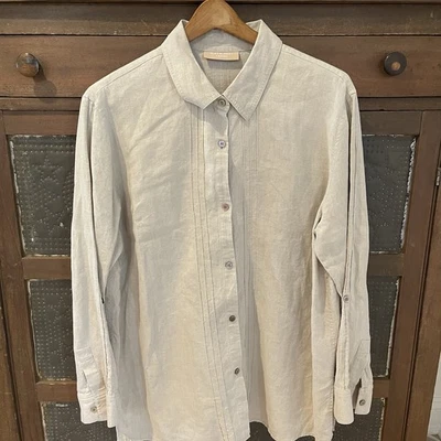 Kate Hill 女式 XL 亚麻纽扣衬衫卷片袖棕褐色 Pintuck 经典 — 第 1/4 张图片