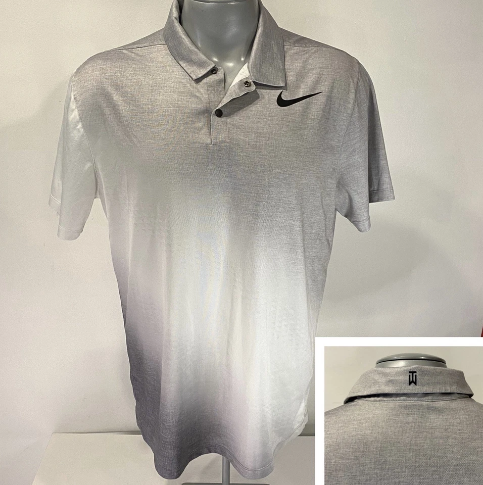 Nike Tiger Woods Collection L Polo Grande Para Hombre Golf Gris Blanco Broches a presión Foto 1 de 4