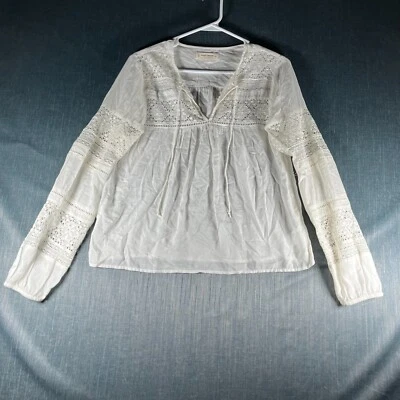Lucky Brand Womens Top Size XS White Lace Long Sleeve Boho Peasant Blouse Cotton - Image 1 of 4