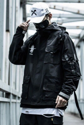 Niepce Techwear Cargo Jacket Streetwear Fashion Black Zipper Windbreaker Coat - Image 1 of 4