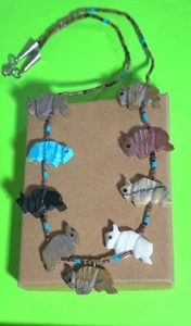 19.5” ZUNI Sterling Silver BUFFALO Turquoise Onyx Jasper Animal Fetish Necklace - Picture 1 of 2