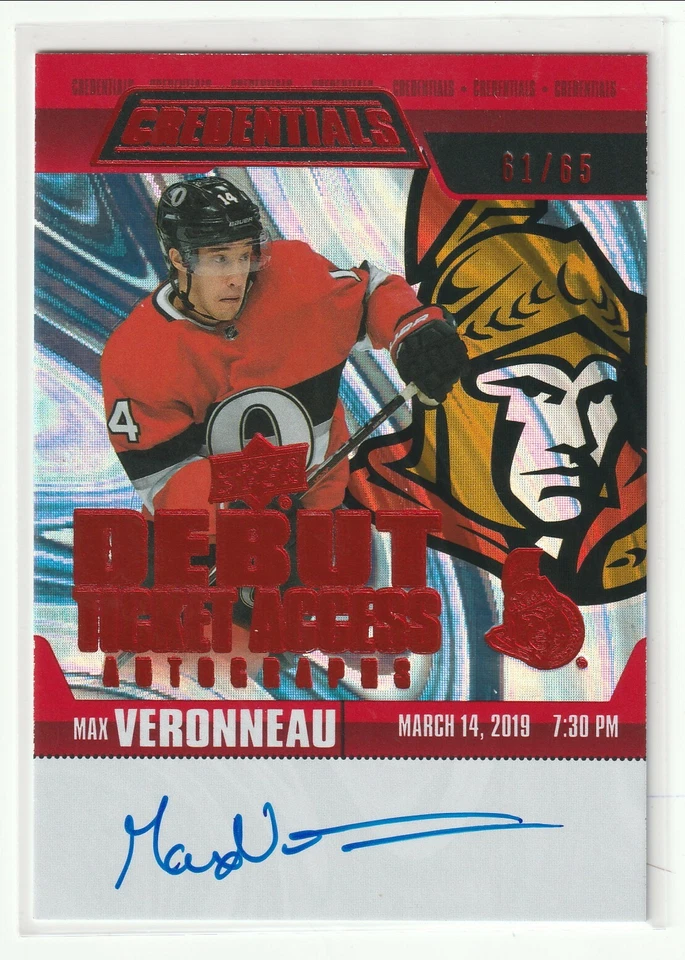 2019-20 UD Credentials Debut Ticket Access Auto Red #RTAAMV Max Veronneau 61/65 - Image 1 of 1
