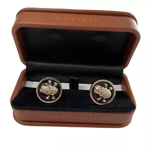 Robert Talbott Chelsea Manschettenknöpfe neu mit Etikett schwarz Totenkopf & gekreuzte Knochen Chrom 325 $ - Bild 1 von 5