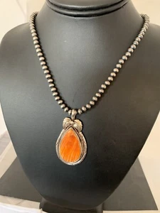 Navajo Sterling Silver Orange Spiny Oyster Pendant 20" Necklace 00325 - Picture 1 of 12