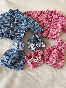 Baby twins. 2 Tiny sets, 6 pieces. Chest 12” 2 Cardigan's, hats, booties. 