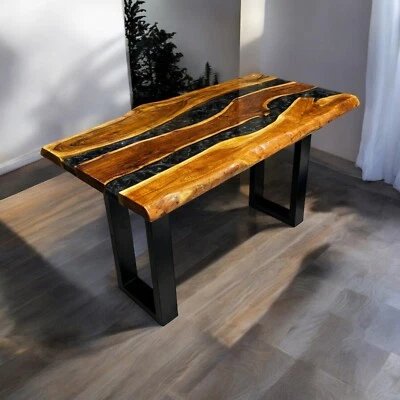 Black Epoxy Resin Dining Table Live Edge Acacia Wood Handmade Art Furniture Deco - Image 1 of 4