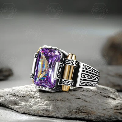 925 Sterling Silver Rectangle Shape Amethyst Turkish Men's Ring - Image 1 of 4