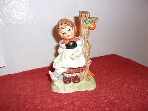 VINTAGE "LEFTON" FIGURINE "LITTLE GIRL by APPLE TREE w/ PUPPY"..MADE IN JAPAN - Picture 1 of 7