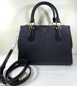 Michael Kors Marilyn Black Gold Saffiano Leather Medium Satchel Crossbody Bag - Picture 1 of 20