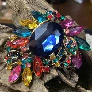 Multicolored Rhinestone Marquis Beveled Glass Stone Brooch/Pendant Goldtone Back - Picture 1 of 5