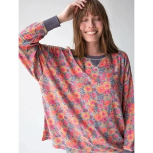 Natural Life Bohemian Floral Thermal Waffle Knit Long Sleeve Oversized Tee Top M - Picture 1 of 9