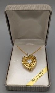 Vintage Gold Tone/Clear Rhinestone Keepsake Heart Photo Locket Necklace - Picture 1 of 6