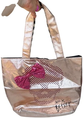 Betsey Johnson XOXO Metallic Gold Shoulder Bag Purse w/Pink Bow & Skull 22" Tall - Image 1 of 4