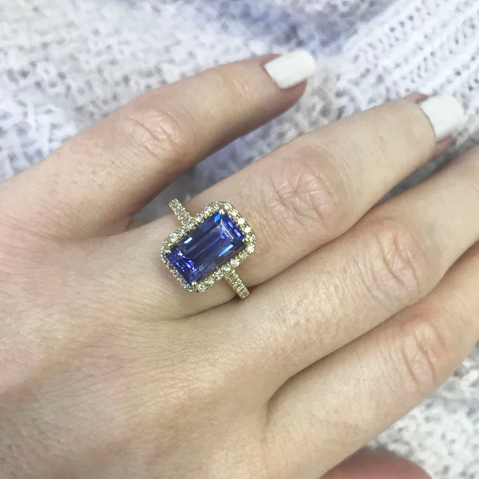 Anel de noivado halo ouro amarelo 14k sólido tanzanita natural e diamante 3,2 ctw - Imagem 1 de 4