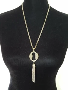 Signed Sarah Coventry Vintage Antique Brass Finish Necklace + Oval Pendant 25 " - Picture 1 of 10