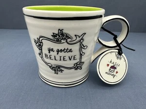 ANTHROPOLOGIE Katie & Mandy YA GOTTA BELIEVE Black White Green 14 oz. COFFEE MUG - Picture 1 of 12