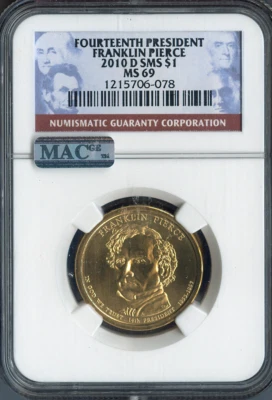 2010-D Franklin Pierce Dollar NGC MS69 Satin SMS - 14th U.S President - Image 1 of 2