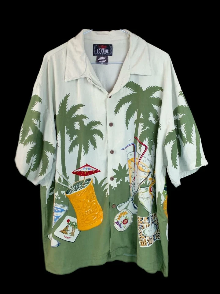 BC ETHIC Hawaiian Shirt XL Mens Tropical Aloha Palm Trees Drinks  - Image 1 of 4