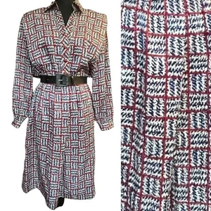 Vintage 80s Dress Schrader Womens 10 Petite Silky Navy Red Plaid Secretary Sissy - Picture 1 of 12