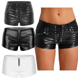 Womens Low Waist Lace-up Faux Leather Shorts Belt Hot Pants Festival Rave Shorts - Picture 1 of 39