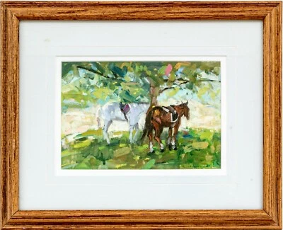 Frank Zuccarelli Horses Resting Oil Painting On Board - Framed Equestrian Art - Image 1 of 4