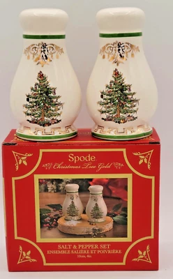 SPODE Árbol de Navidad Dorado Salero y Pimentero Set 4" EN CAJA Vacaciones Foto 1 de 4